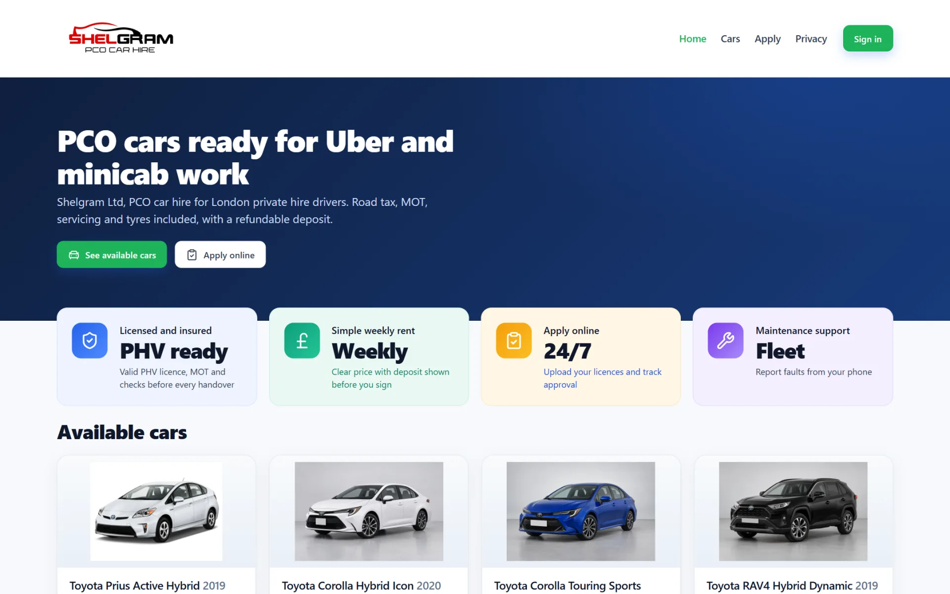Shelgram: PCO car hire website and driver app