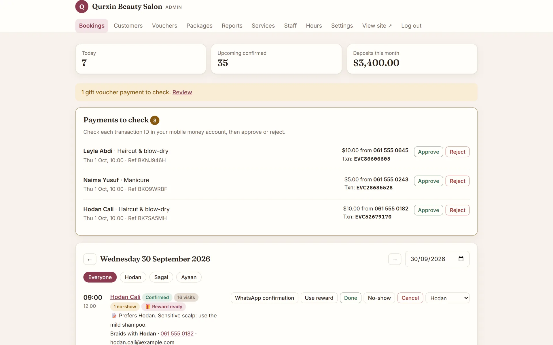 Sakiin Booking: Appointments & Deposits