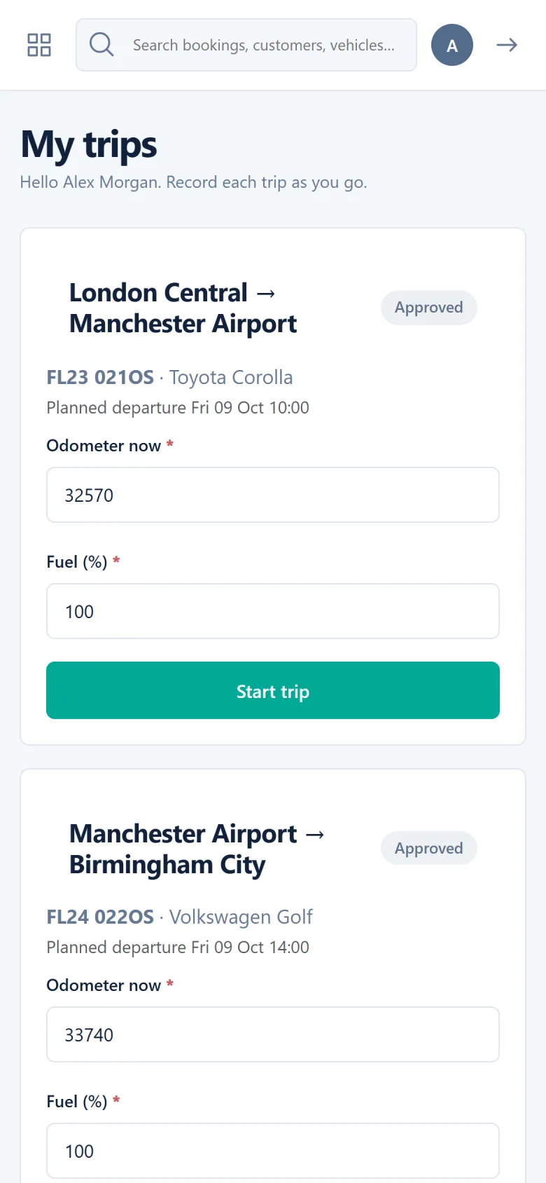 The driver app: transfers, mileage and fuel