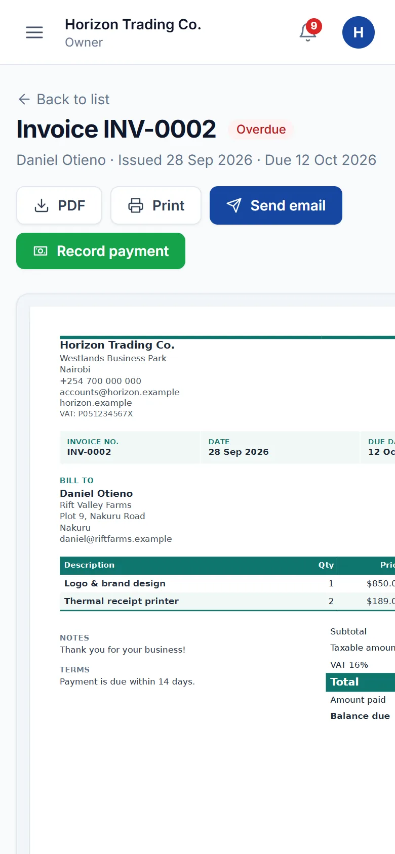 An invoice on the phone