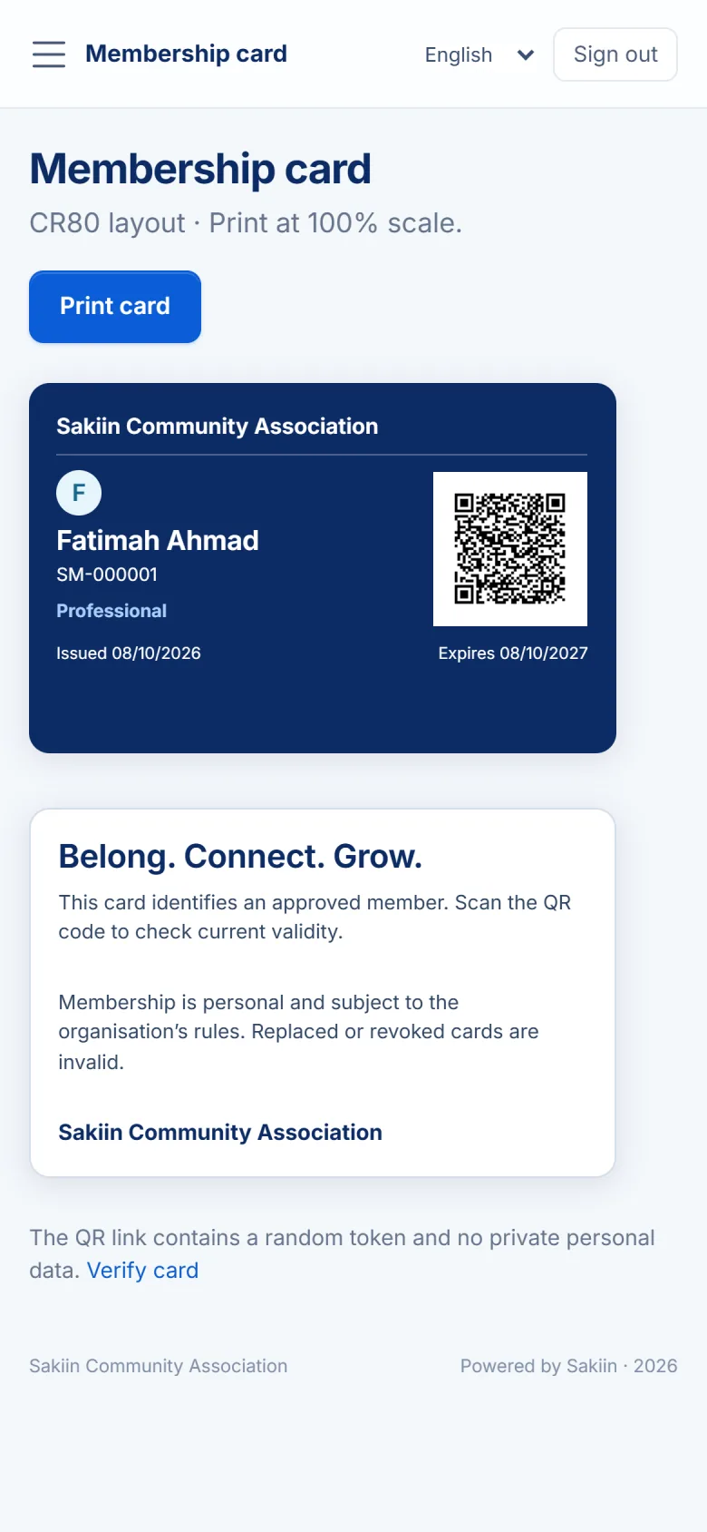 A member's card with its QR code, on a phone