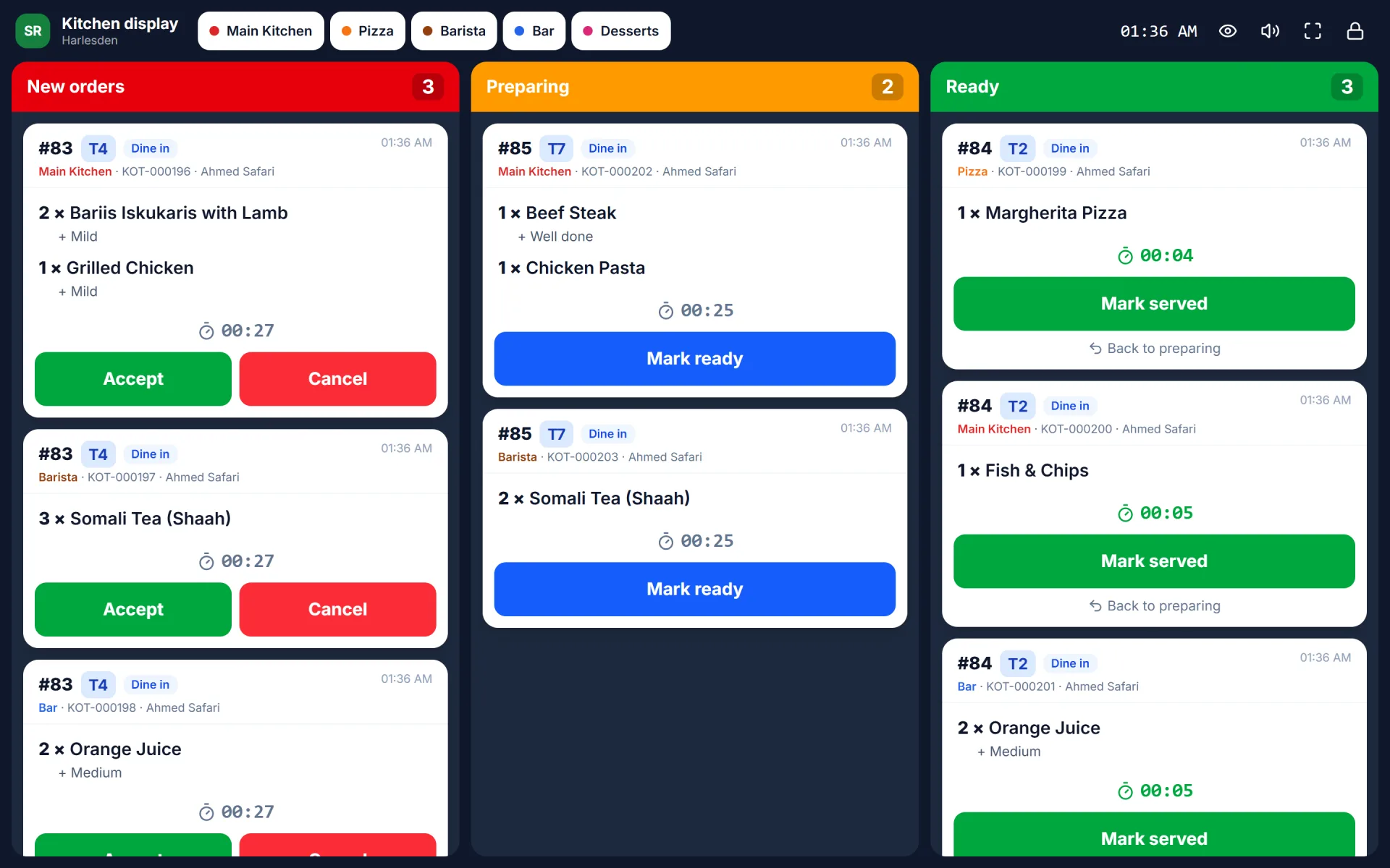 Kitchen display: new, preparing and ready tickets per station